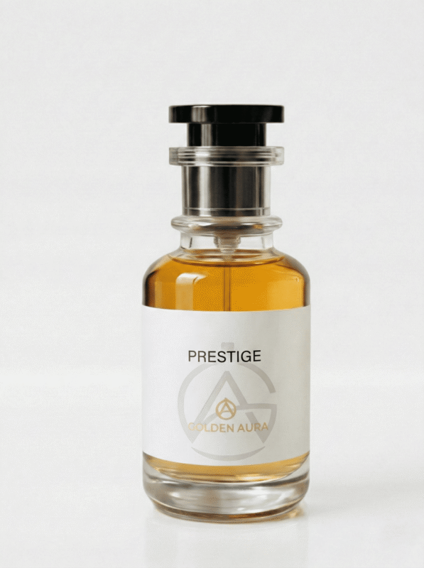 Elegant perfume bottle with label.